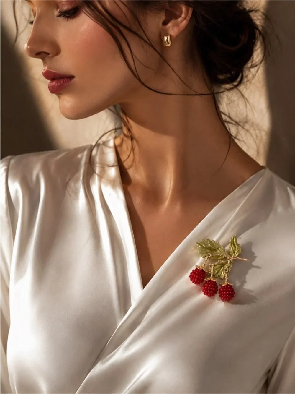Gold-Tone Leaf Brooch with Green Enamel and Red Berry Clusters